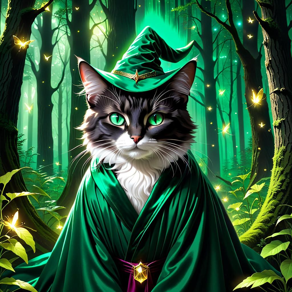 Wizard Cat Conjuring Storms and Fireflies