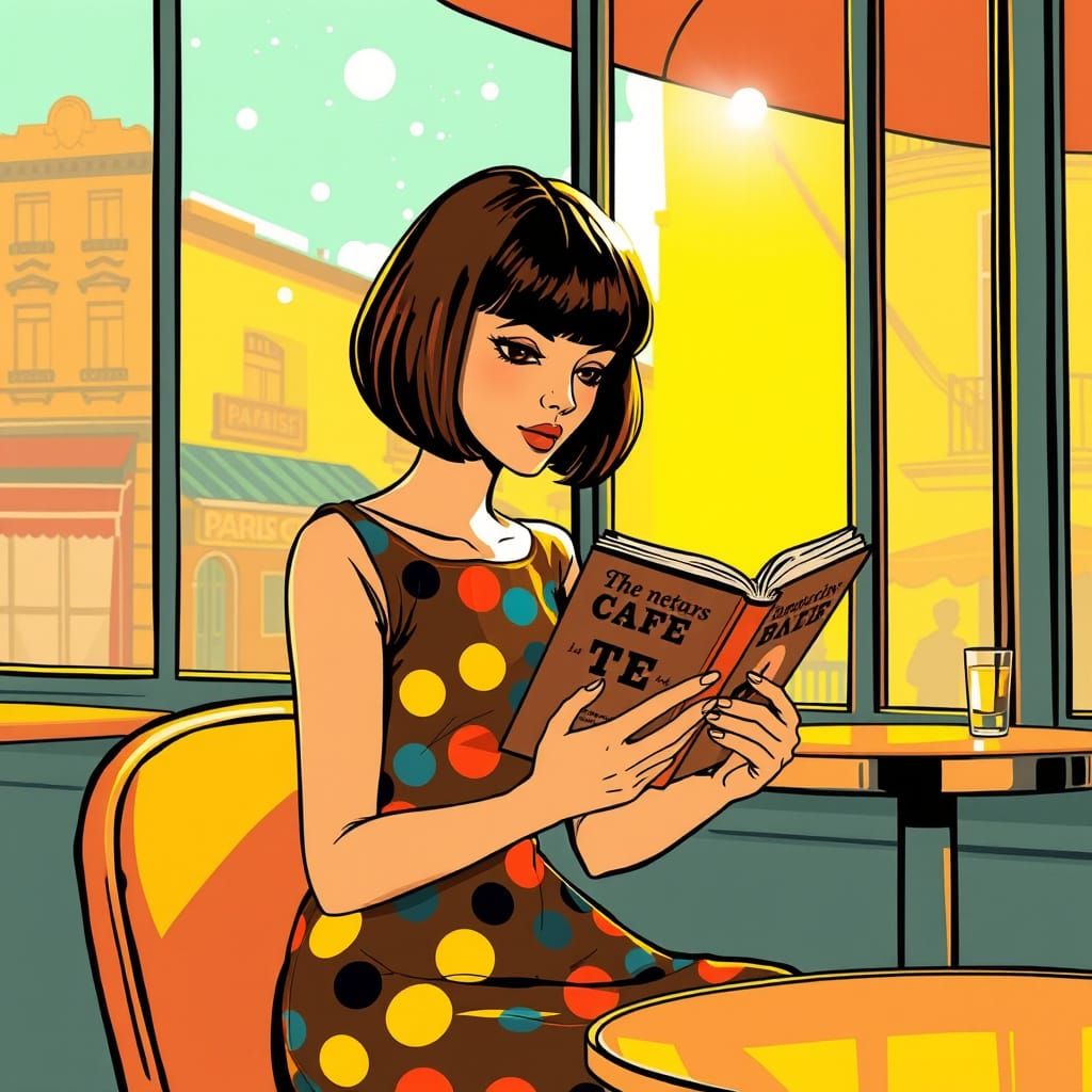 1960s Mod Girl Reads Book in Parisian Cafe