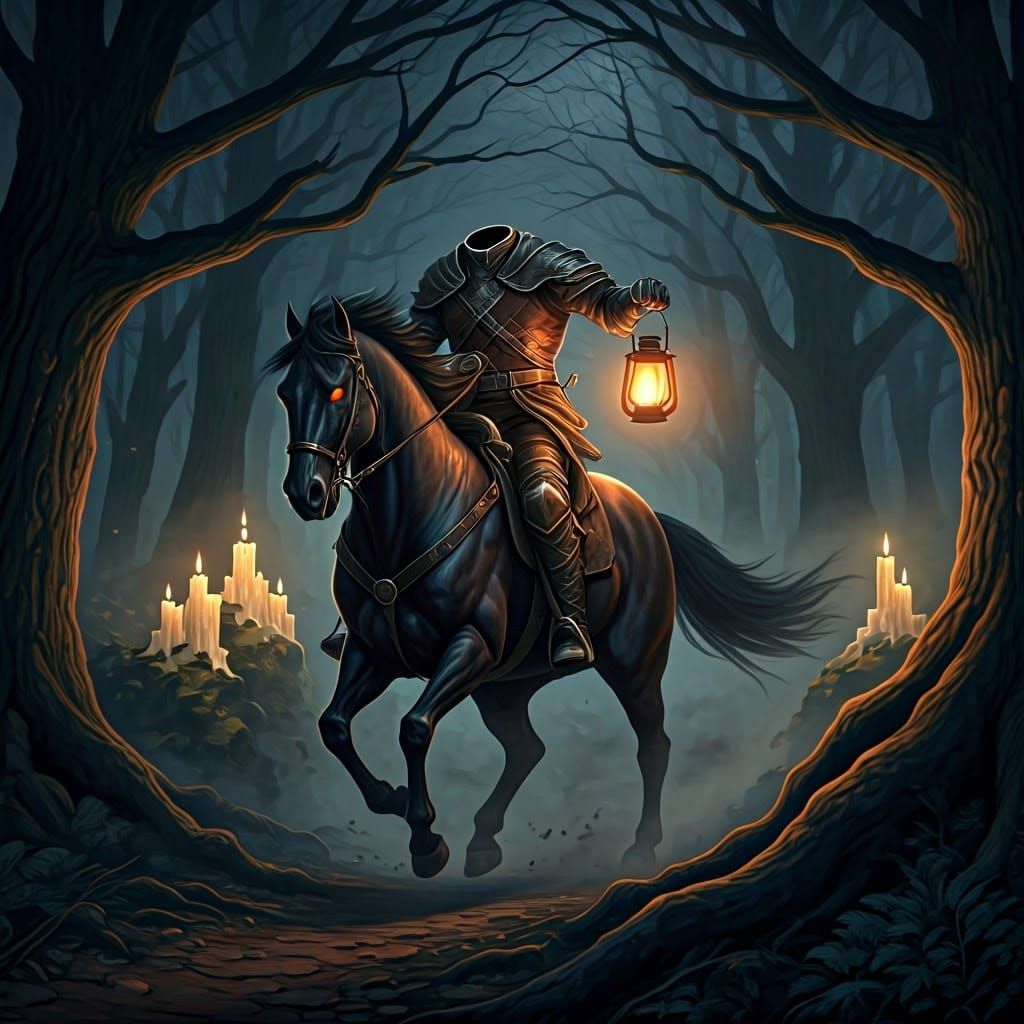 Headless Horseman Galloping Through Misty Forest