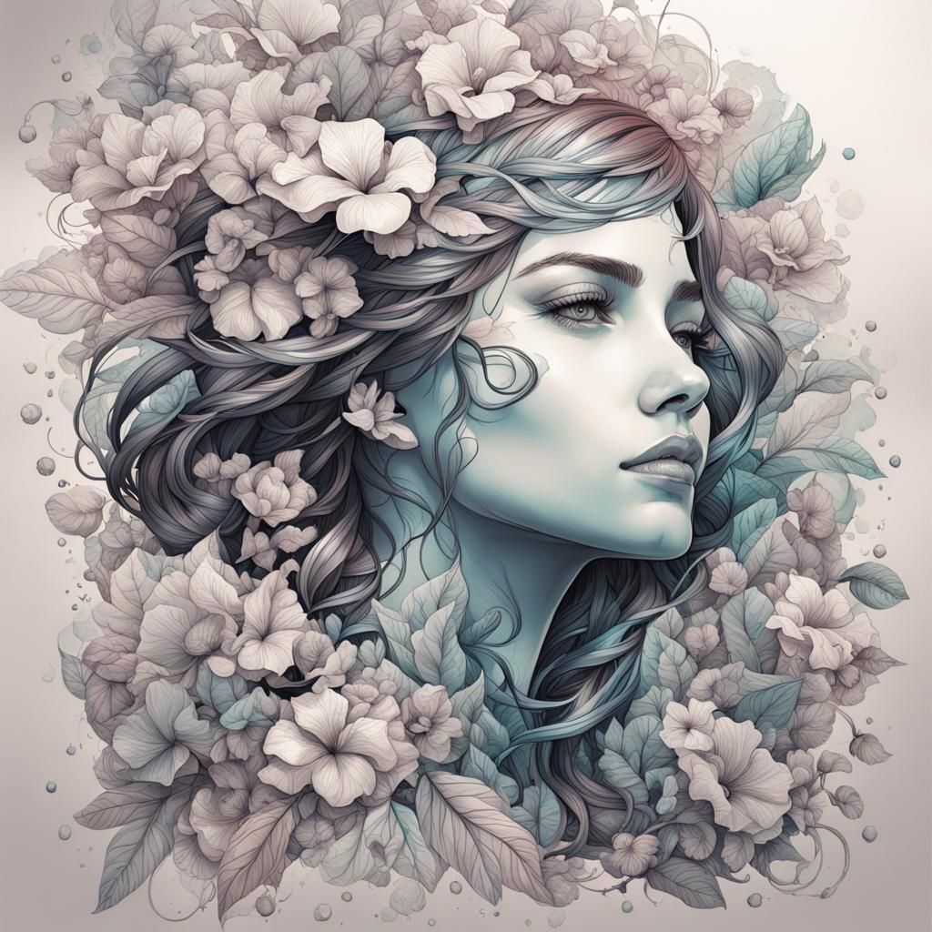 Botanical Ink Drawing Portrait in Art Nouveau Style