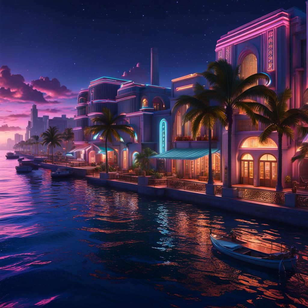 Miami Art Deco District at Night in Unreal Engine