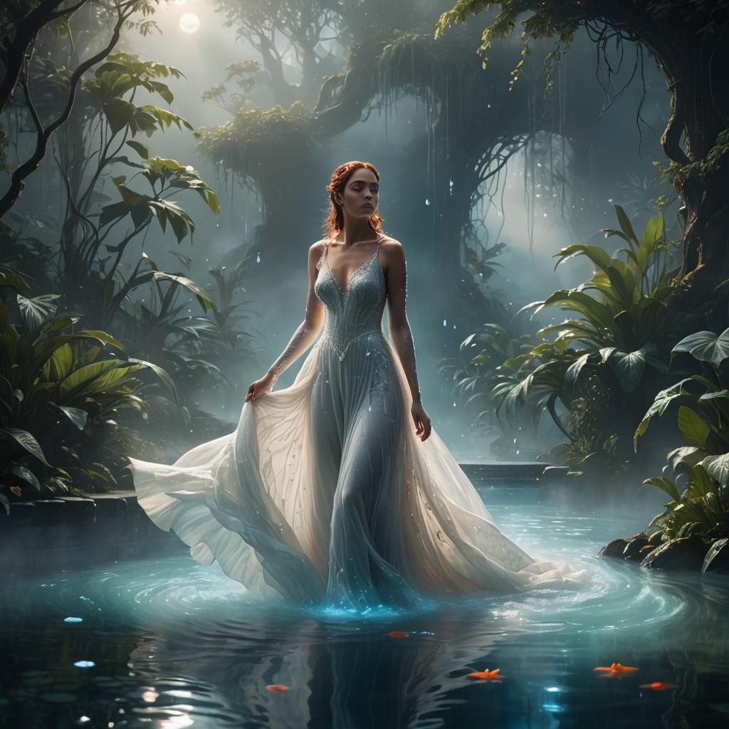 Woman in Moonlit Pool: Fantasy Concept Art