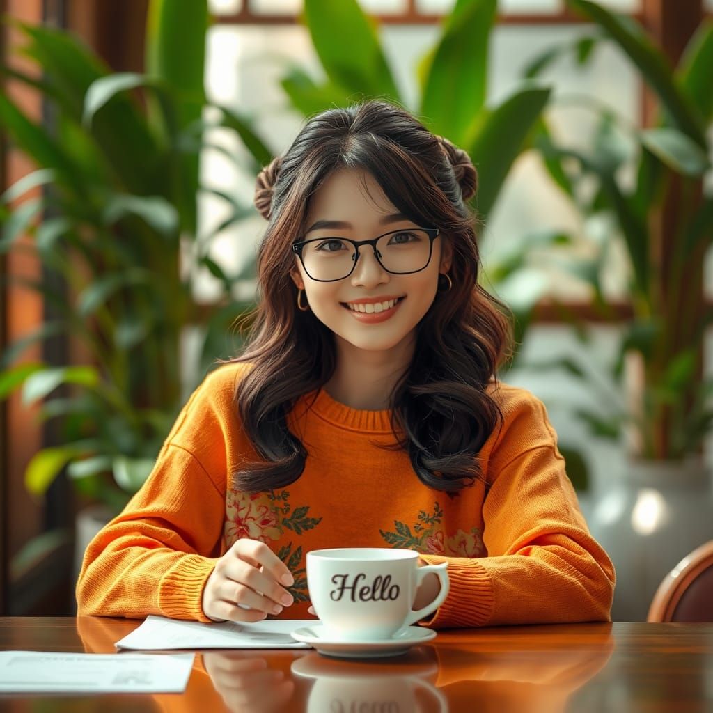 Smiling Woman with Floral Sweater, Detailed Matte Painting