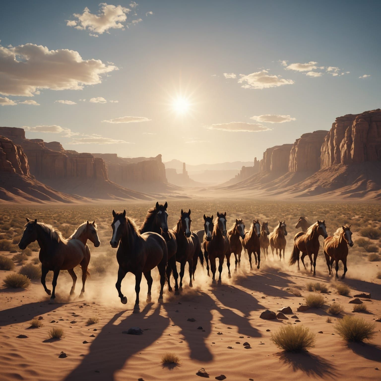 Horses in Desert with Sunny Glow: Fantasy Art