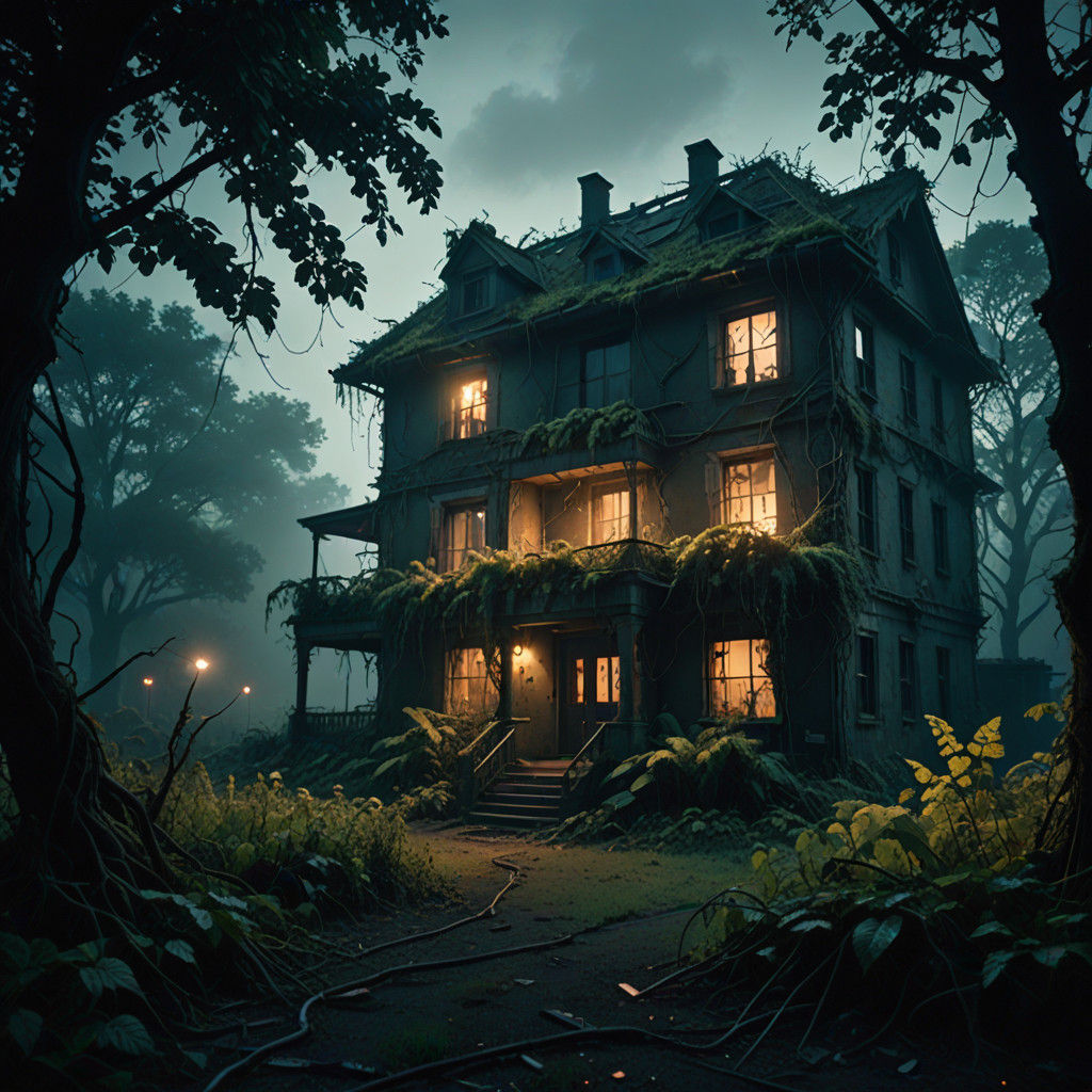 Abandoned Futuristic House in Ruins, Bathed in Dark Cinemati...