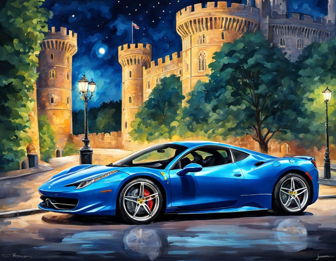 Blue Ferrari 458 Italia Near Windsor Castle at Night