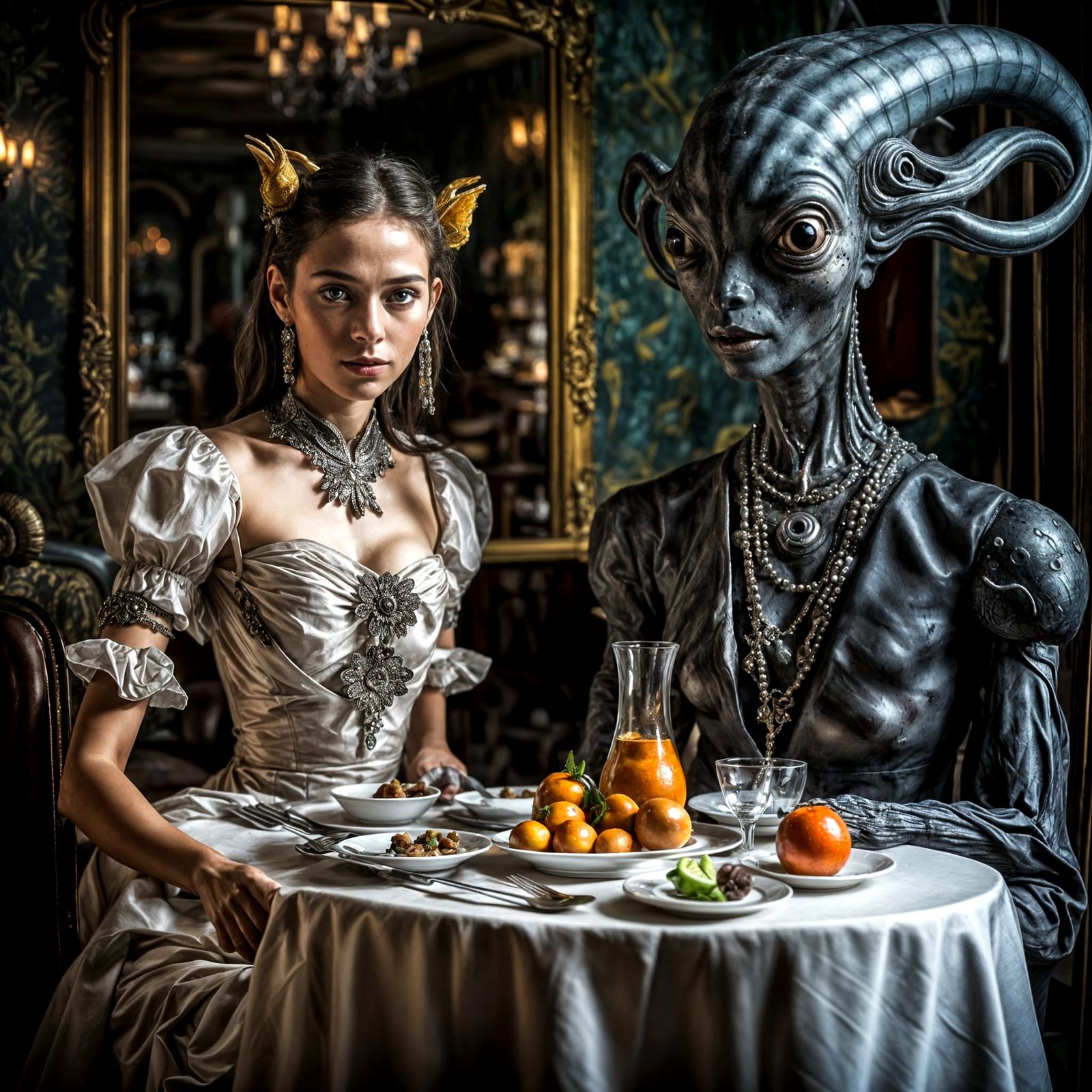 Surreal Restaurant Scene with Exotic Aliens in Hyperrealisti...