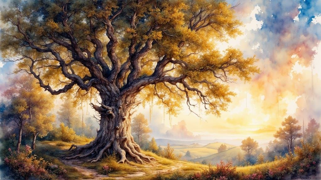 Ancient Oak Tree in Watercolor Landscape