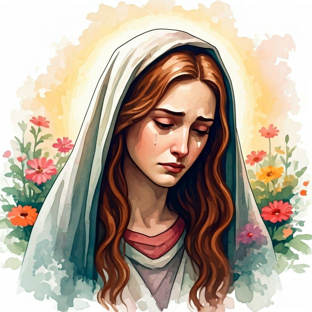 Sorrowful Watercolor of Mary Magdalene Amidst Vibrant Floral...