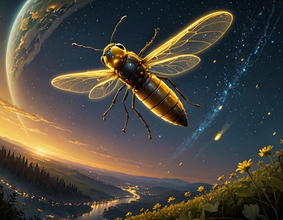 Giant Firefly Radiating Yellow Light Above Earth