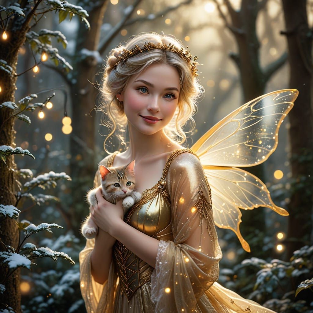 Golden Fairy with Kitten in Winter Glade