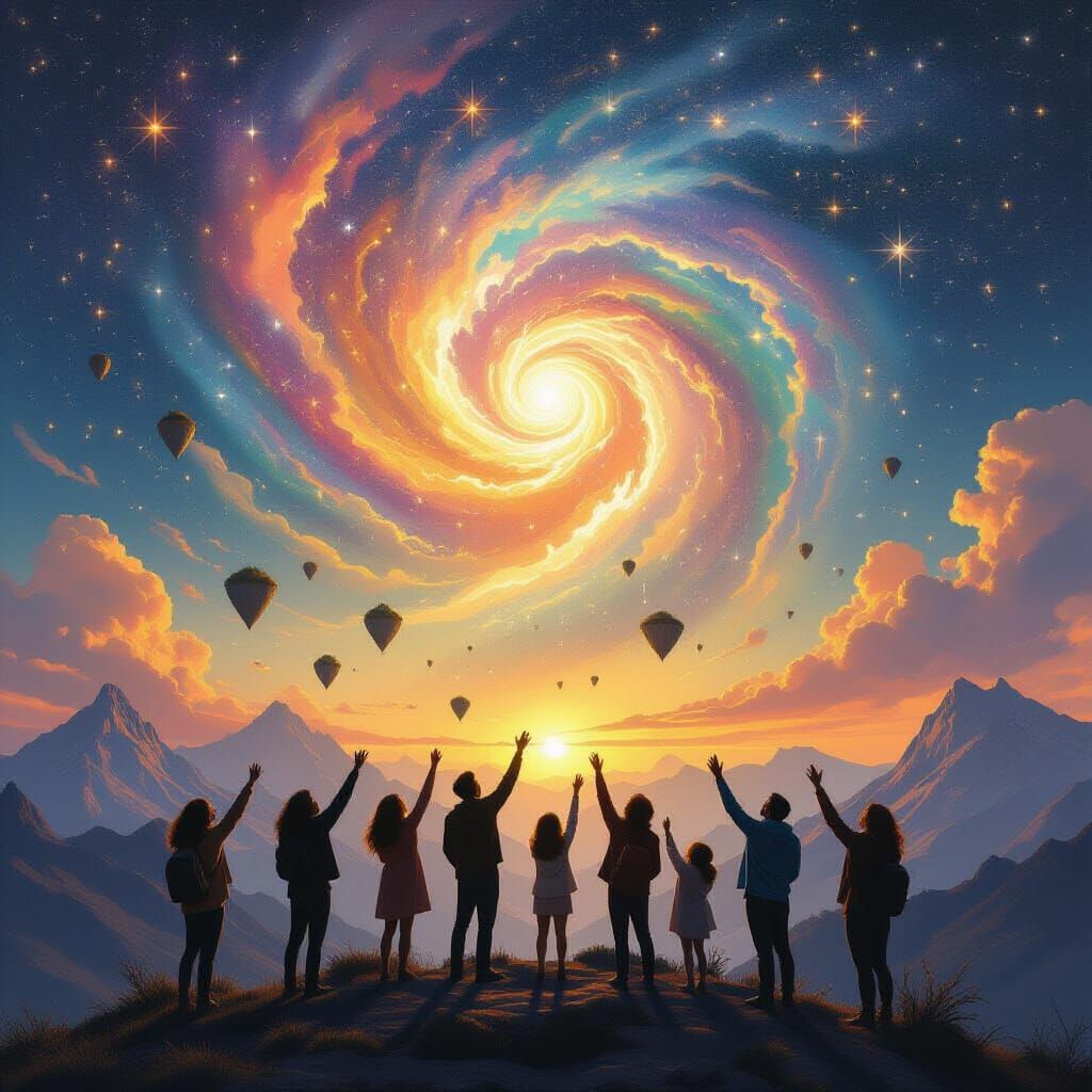 People Reach for Starry Sky in Surrealist Dreamscape