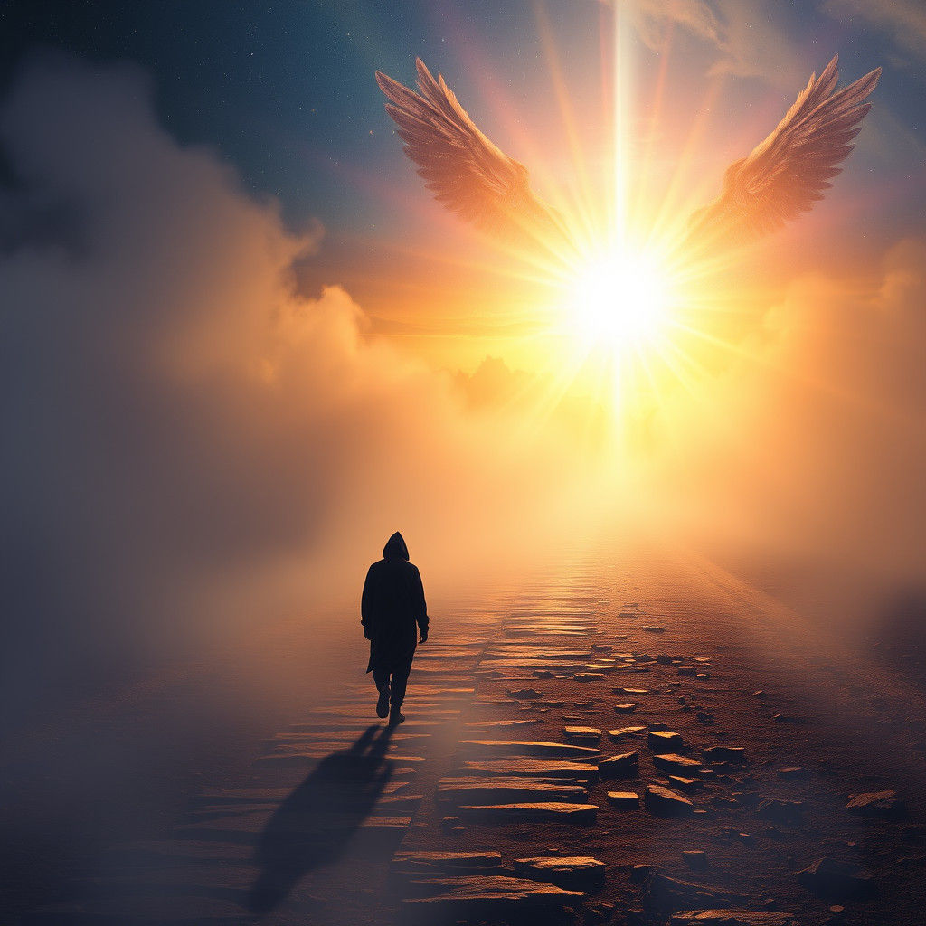 Astral Figure Walks Desolate Path, Light Breaks Through