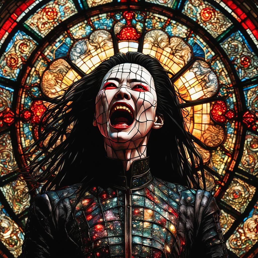 Asian Female Pinhead Screaming Before Exploding Window