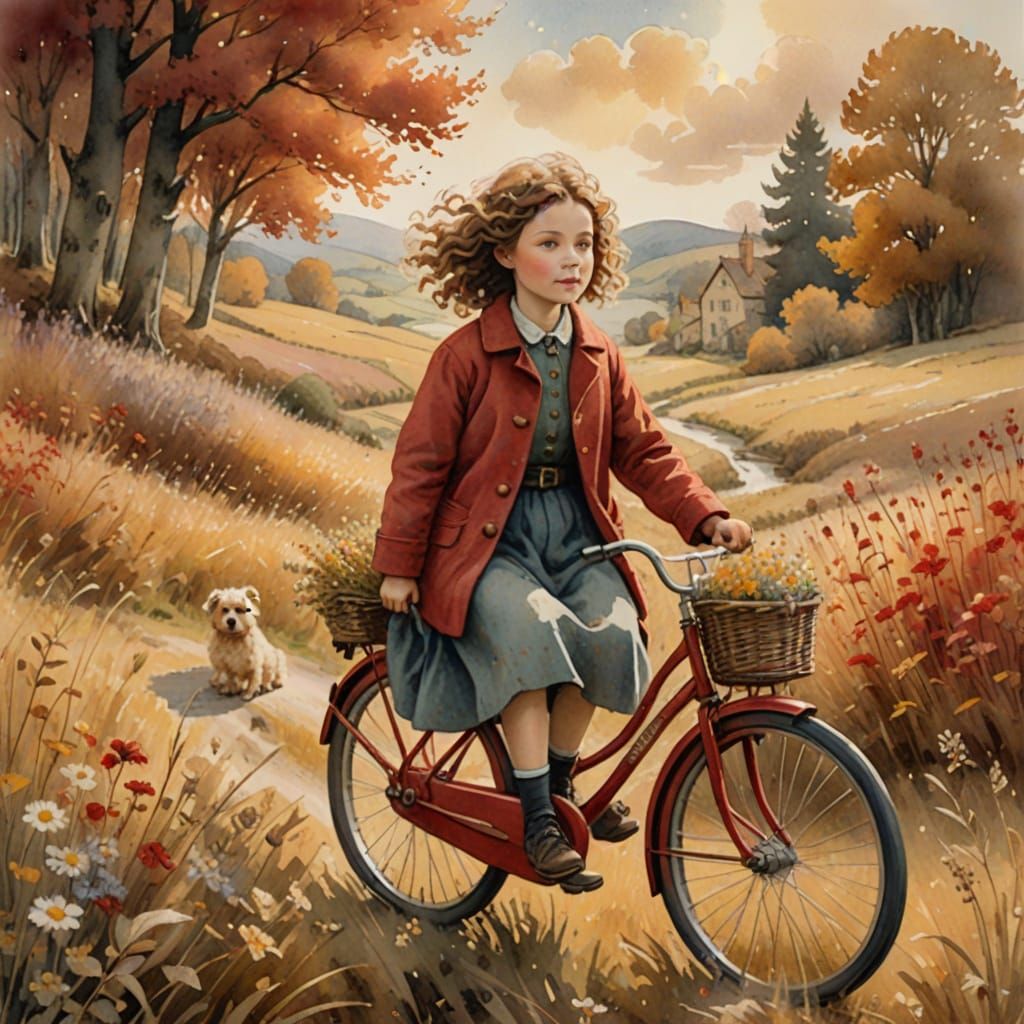 Girl on Bicycle in Golden Meadow Illustration