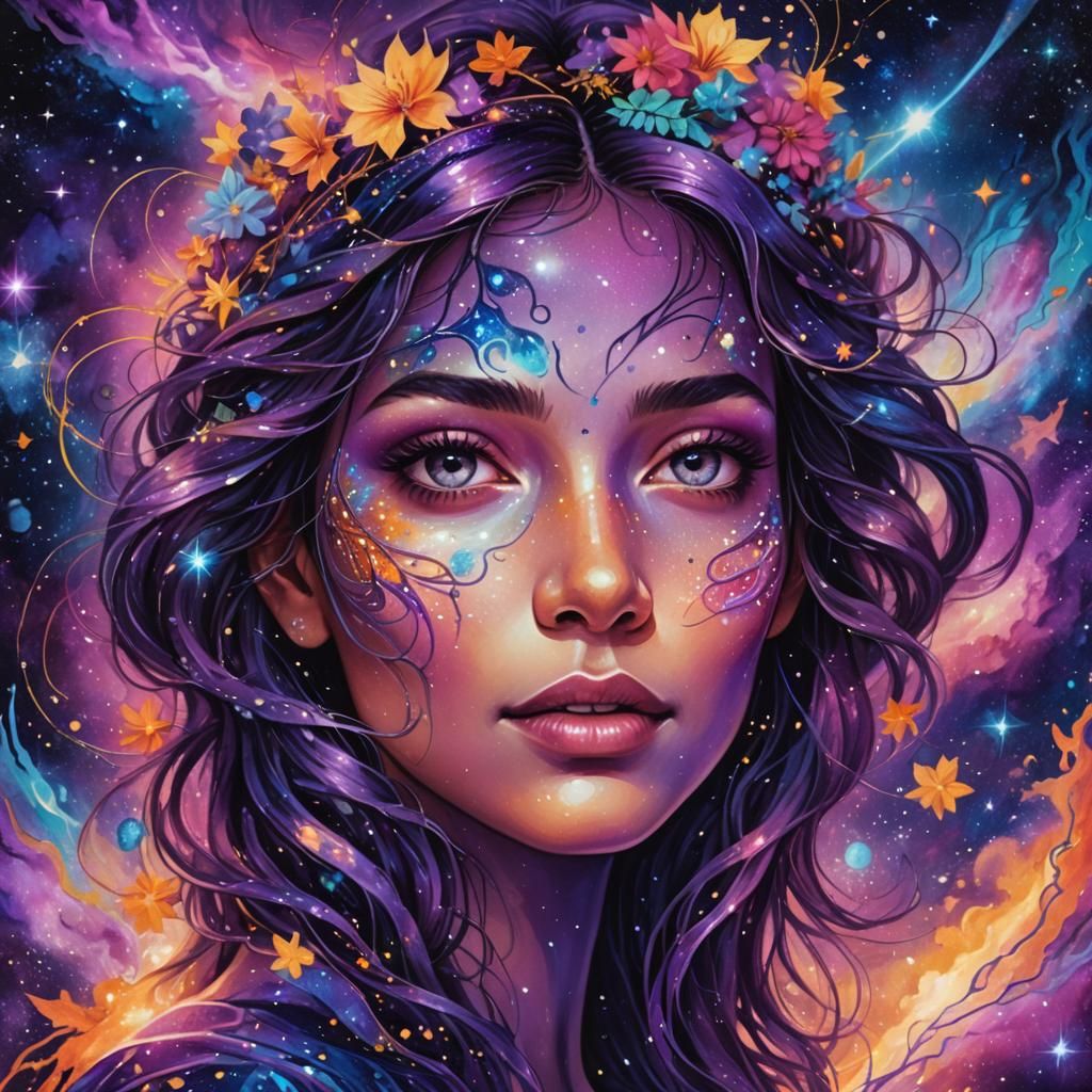 Cosmic Woman Portrait in Mixed Media Style