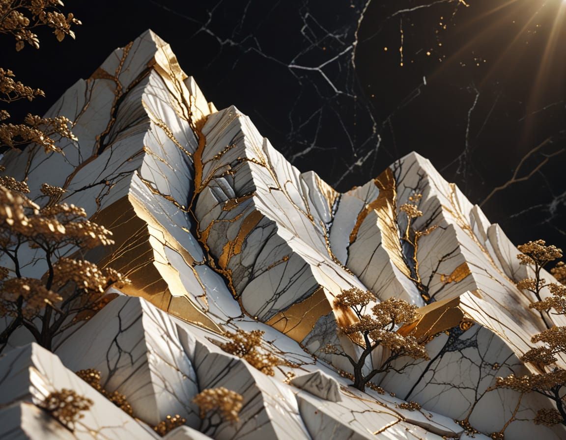 Marble Mountain with Golden Cracks: Surrealist Dreamscape