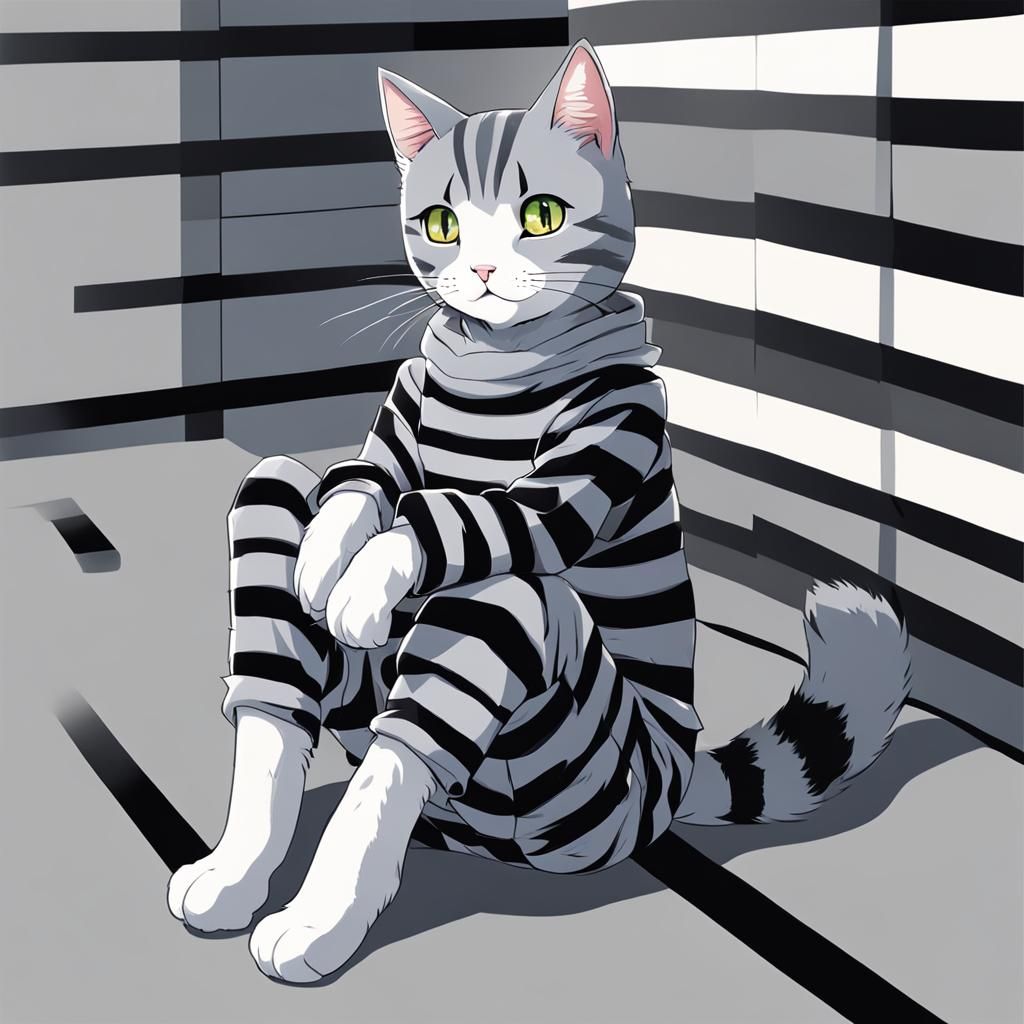 Gray Striped Cat Girl in Anime Style