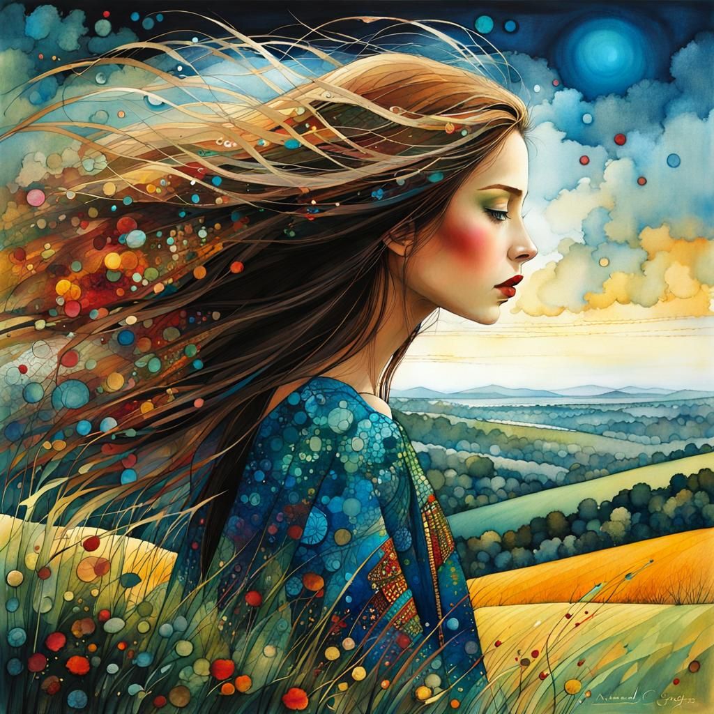 Girl on Windy Hill: Art Brut Digital Illustration