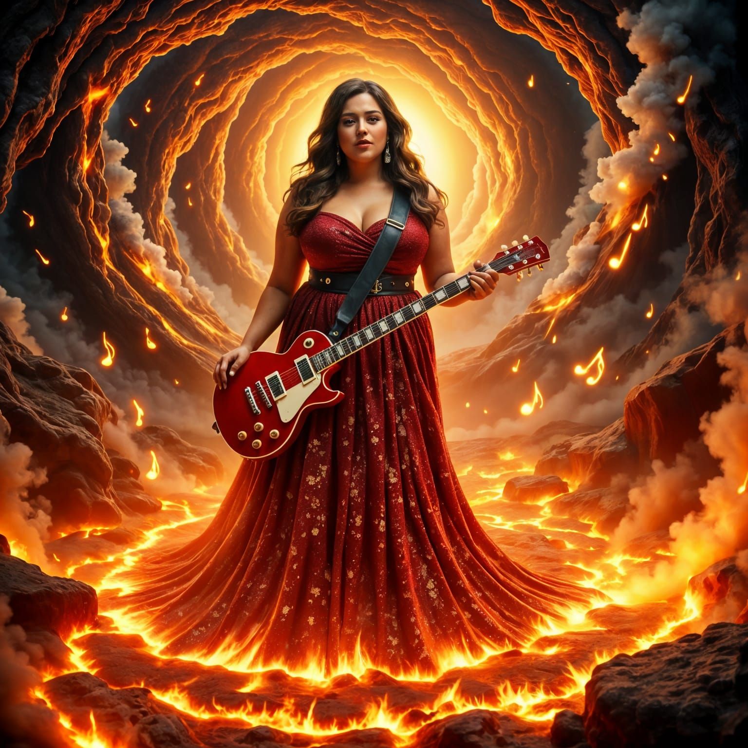 Vibrant Hyperrealistic Musician Swirling in Lava Vortex