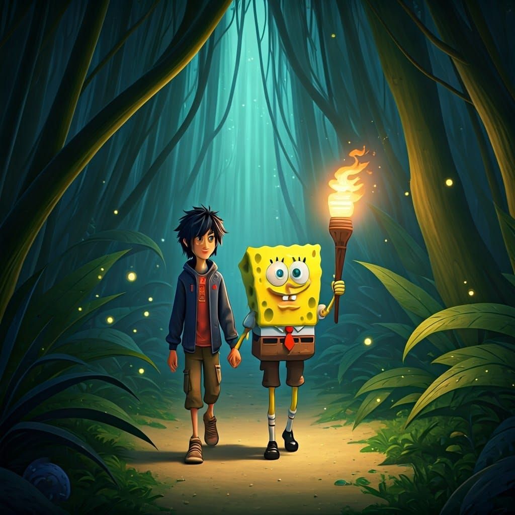 Hiro and SpongeBob's Dreamlike Forest Adventure in Vibrant 4...