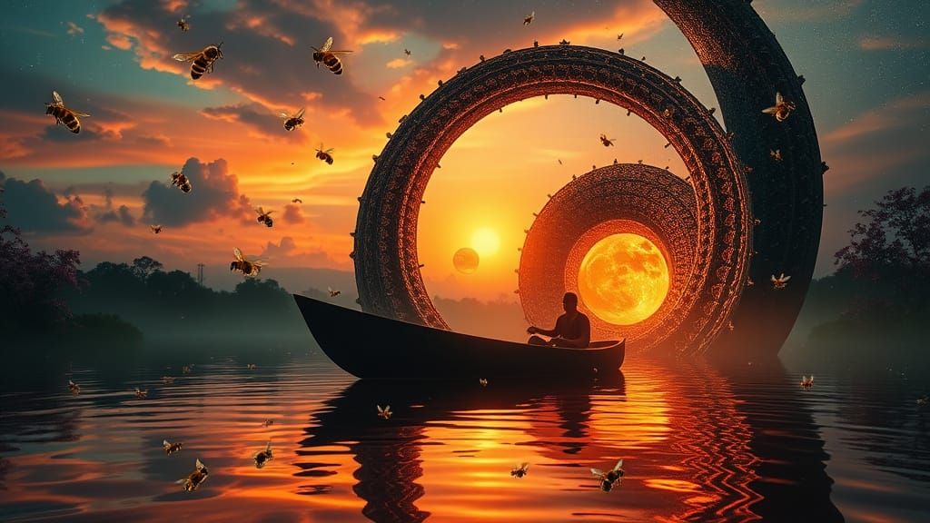 Mystical Amazon Journey in Spiral Sculpture at Sunset