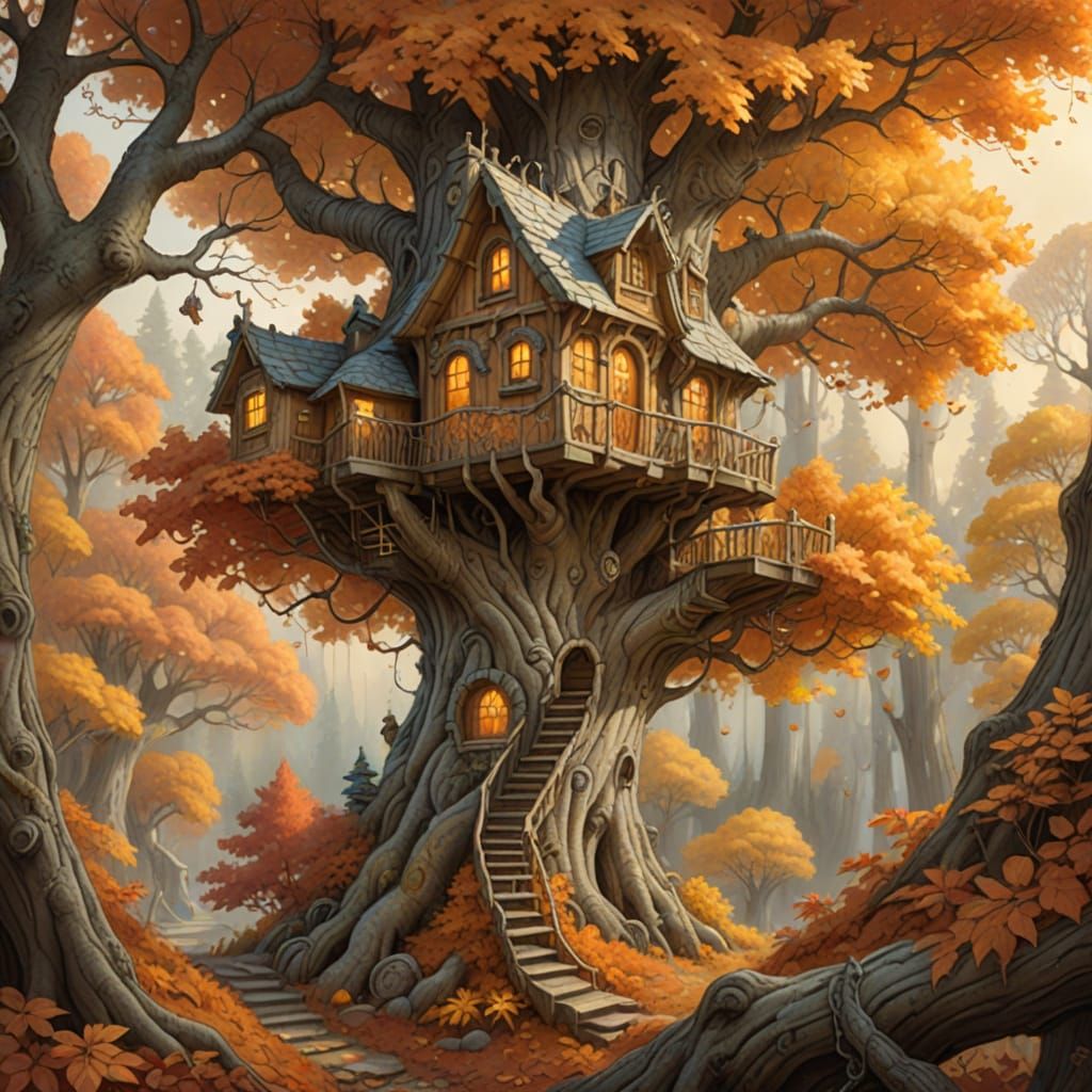 Autumnal Treehouse Pencil Sketch with Womble