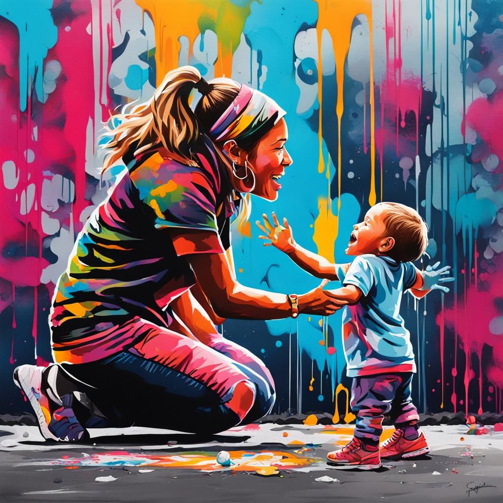 Mother and Child High-Five Graffiti Art