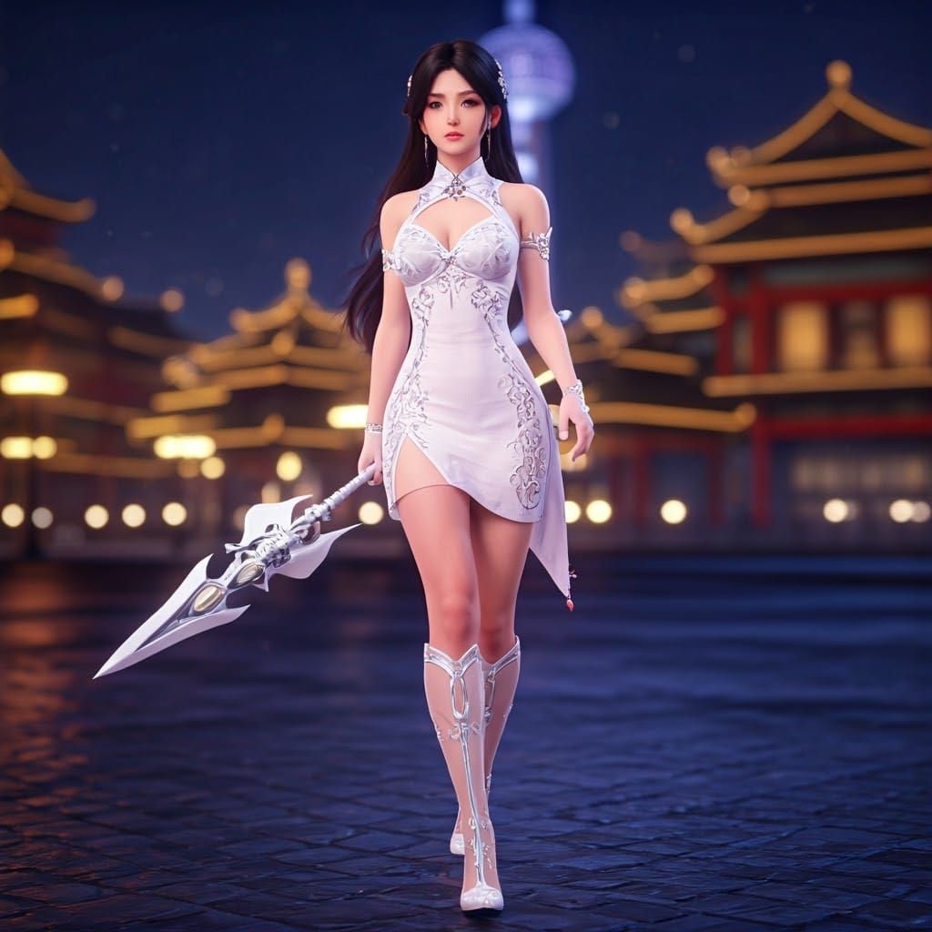 Elegant Chinese Warrior in Shanghai Night