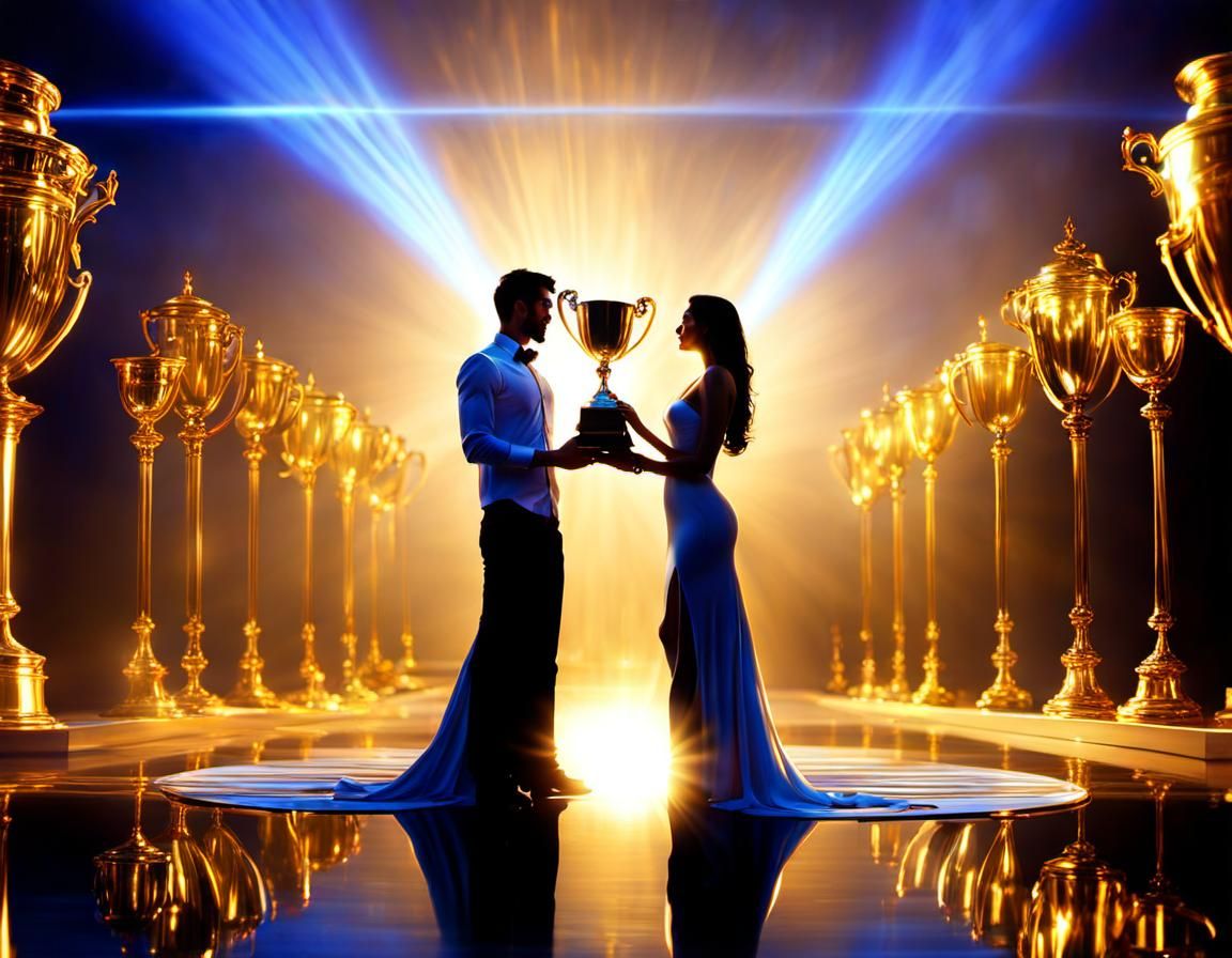 Loving Couple Holding Trophies in Reflected Light