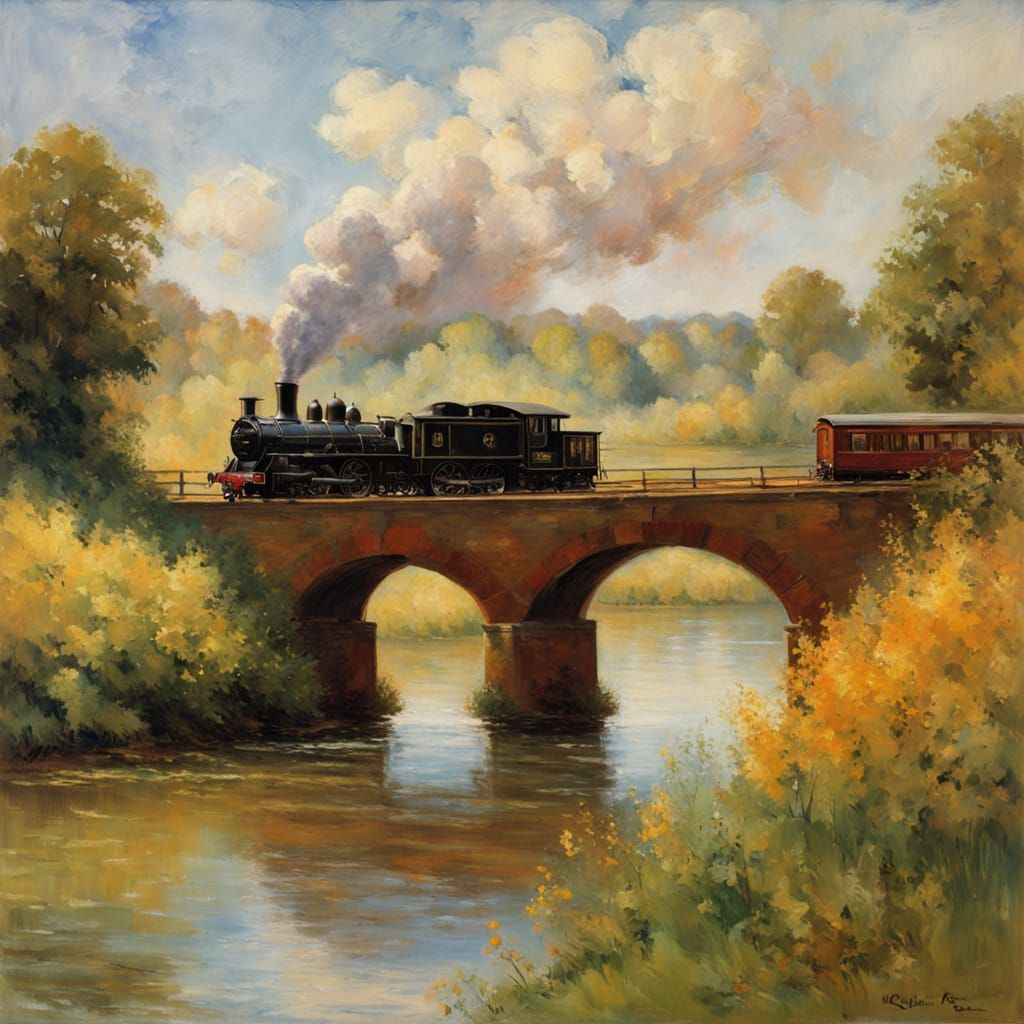 Impressionist Train Crossing a Serene River Landscape