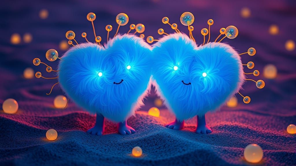 Glowing, Fluffy Blue Heart Figures in a Dreamy, Moonlit Scen...