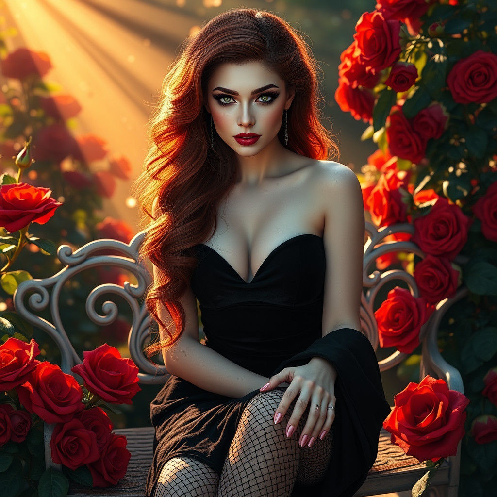 Red-Haired Goddess in Lush Rose Garden