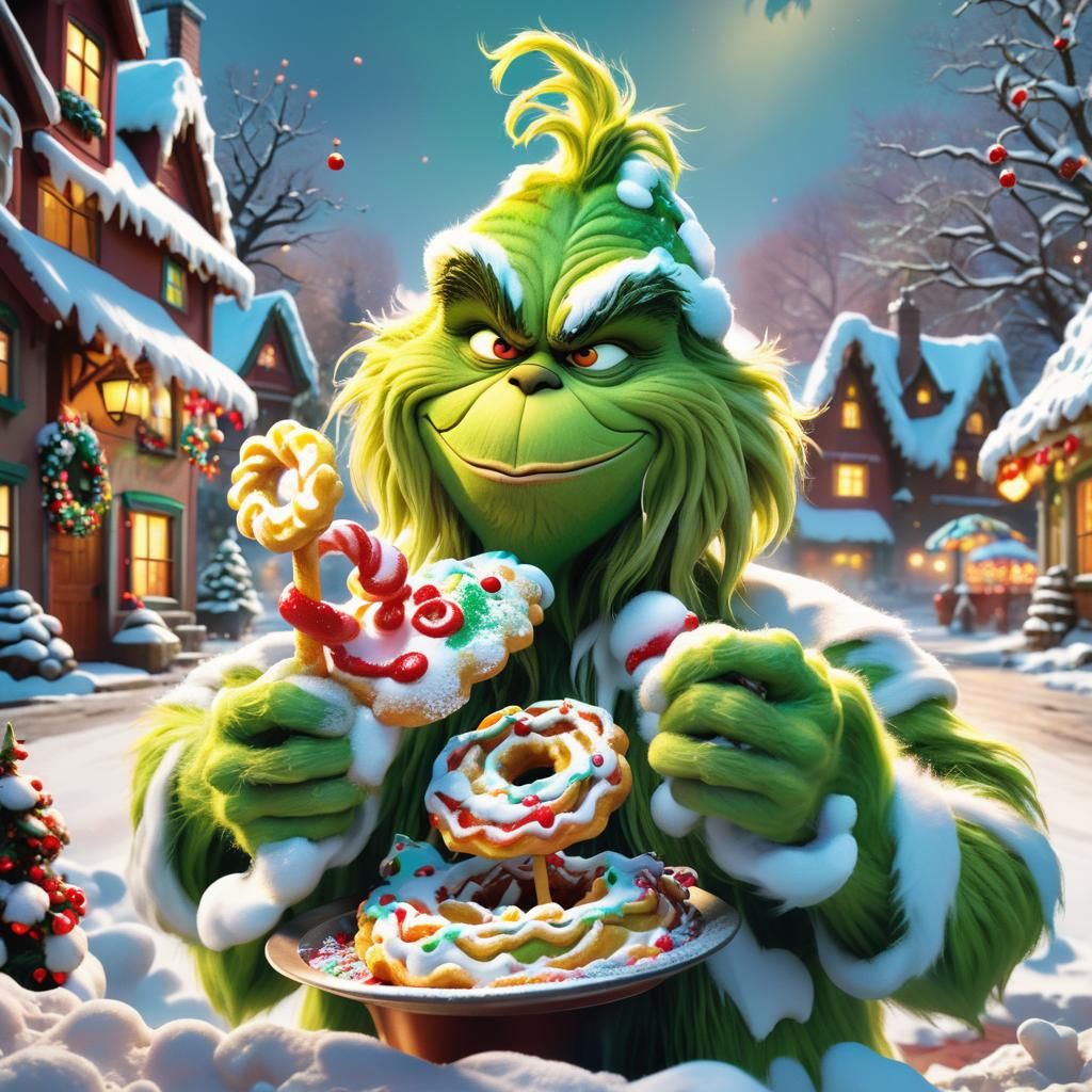 The Grinch's Festive Funnel Cake in Disney Style