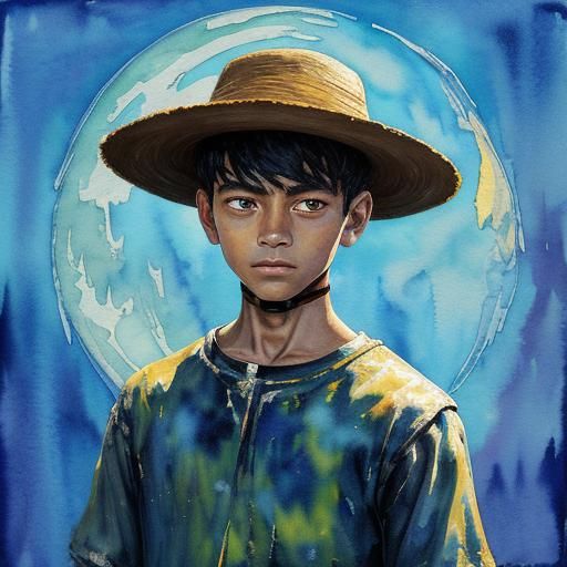 Boy Gazing at Moon in Neo-Impressionistic Watercolor