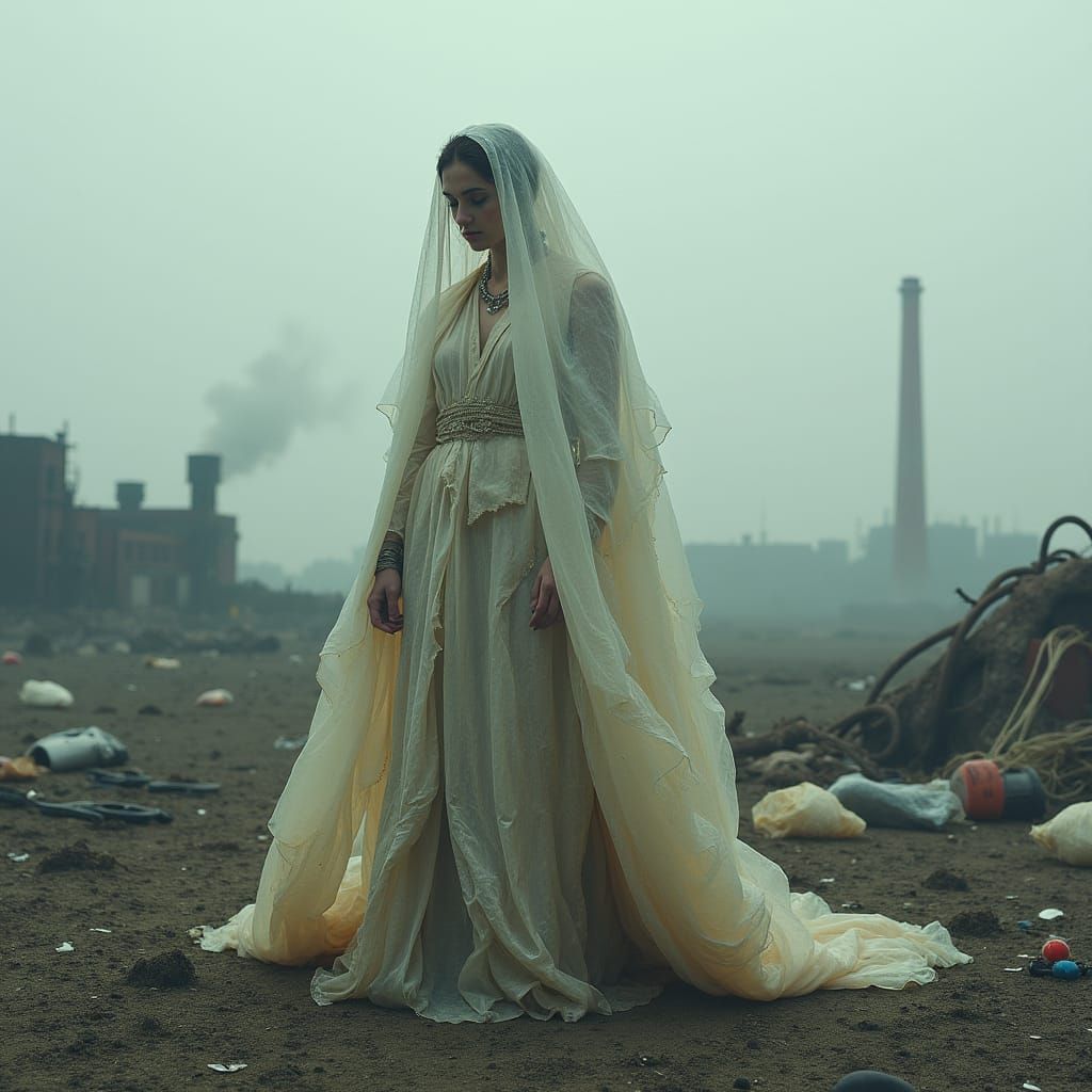 Ethereal Woman in Polluted Landscape, Post-Apocalyptic Art