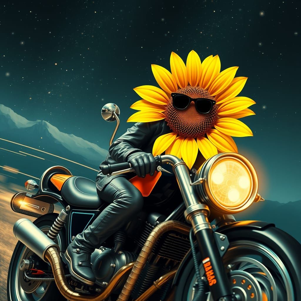 Sunflower on Space Motorcycle in Sci-Fi Style