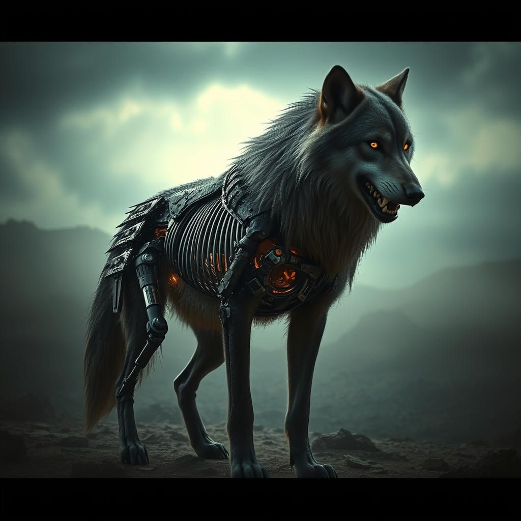 Cybernetic Wolf in Desolate Landscape, Gothic Horror Style