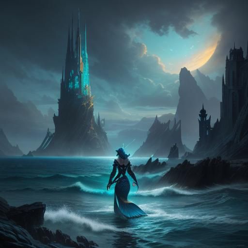 Mermaid Emerges from Ocean: Detailed Matte Painting