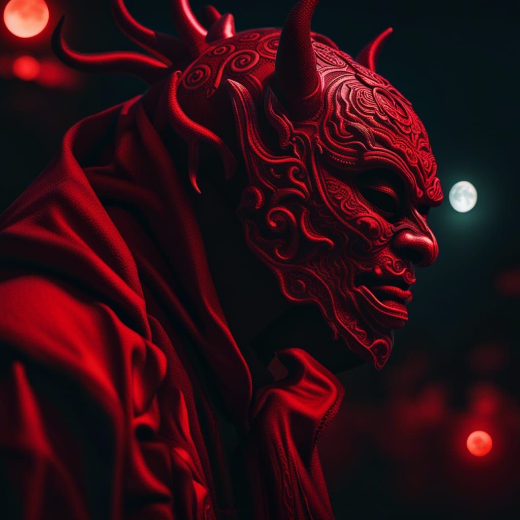 Hyperrealistic Oni Mask Figure Under Red Moon
