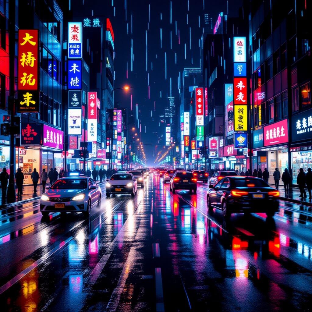 Futuristic Rainy Street at Night with Neon Lights