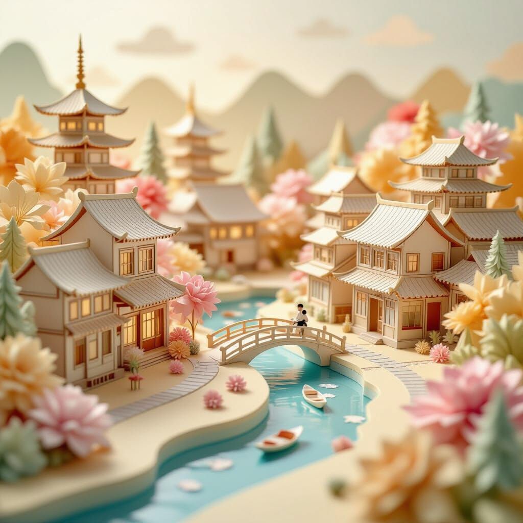 Intricate Origami Paper World in Soft Focus