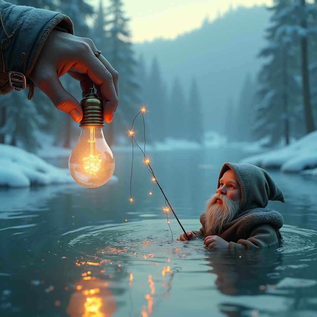 Gnome Fishing for Bioluminescent Fish in Frozen Lake