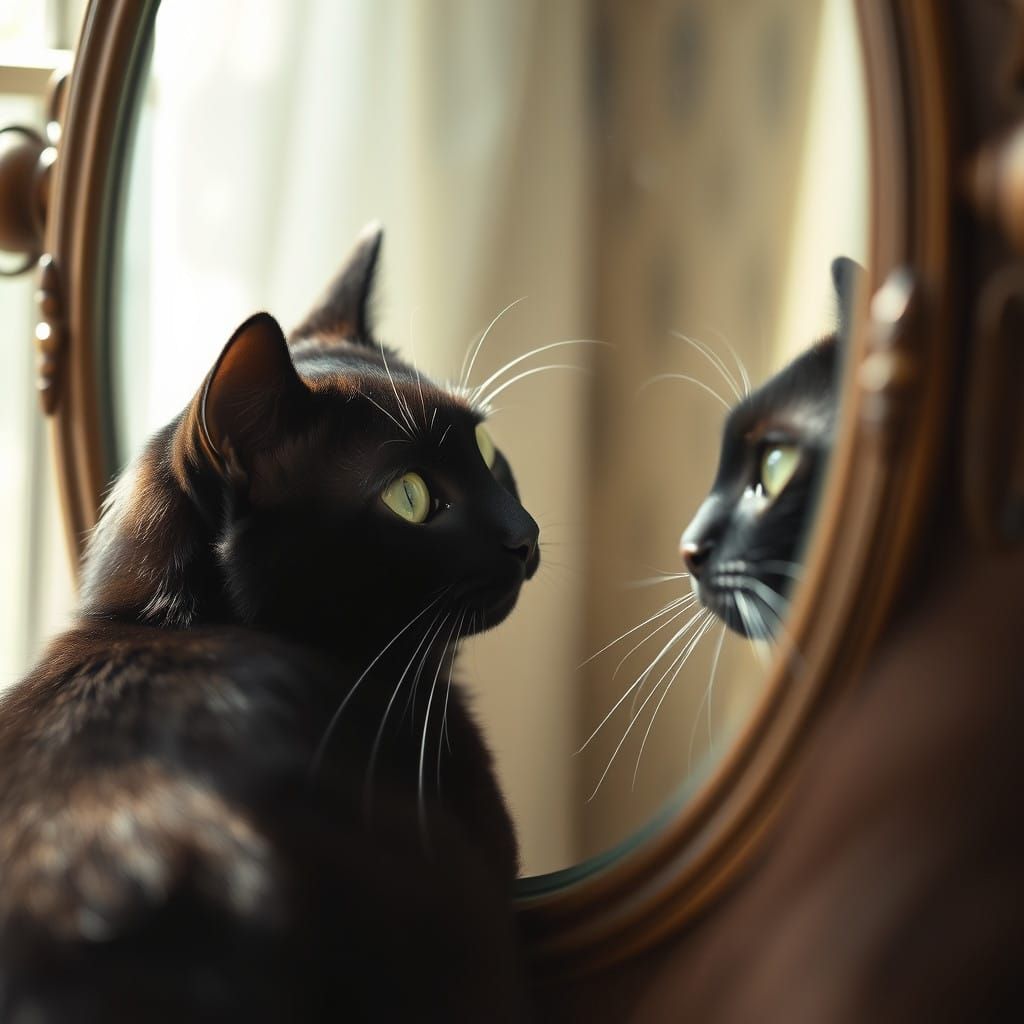 Mysterious Cat Contemplates Her Reflection in Antique Mirror