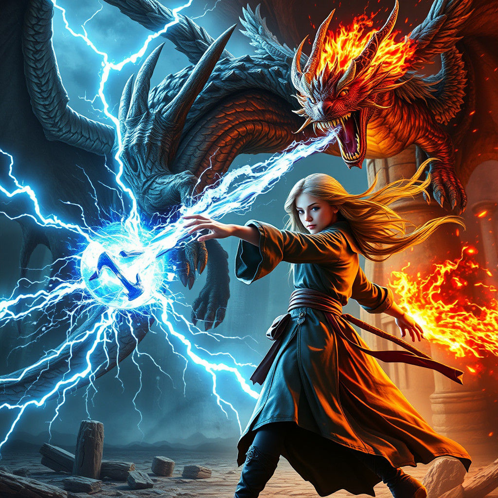 Sorceress's Lightning Blast Against Wyvern: Hyper-Realistic ...