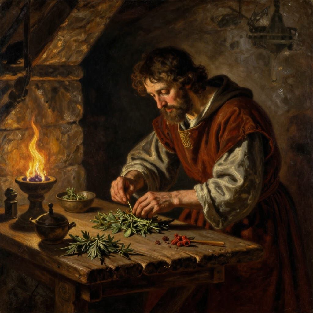 Medieval Healer Prepares Cure in Stone Chamber