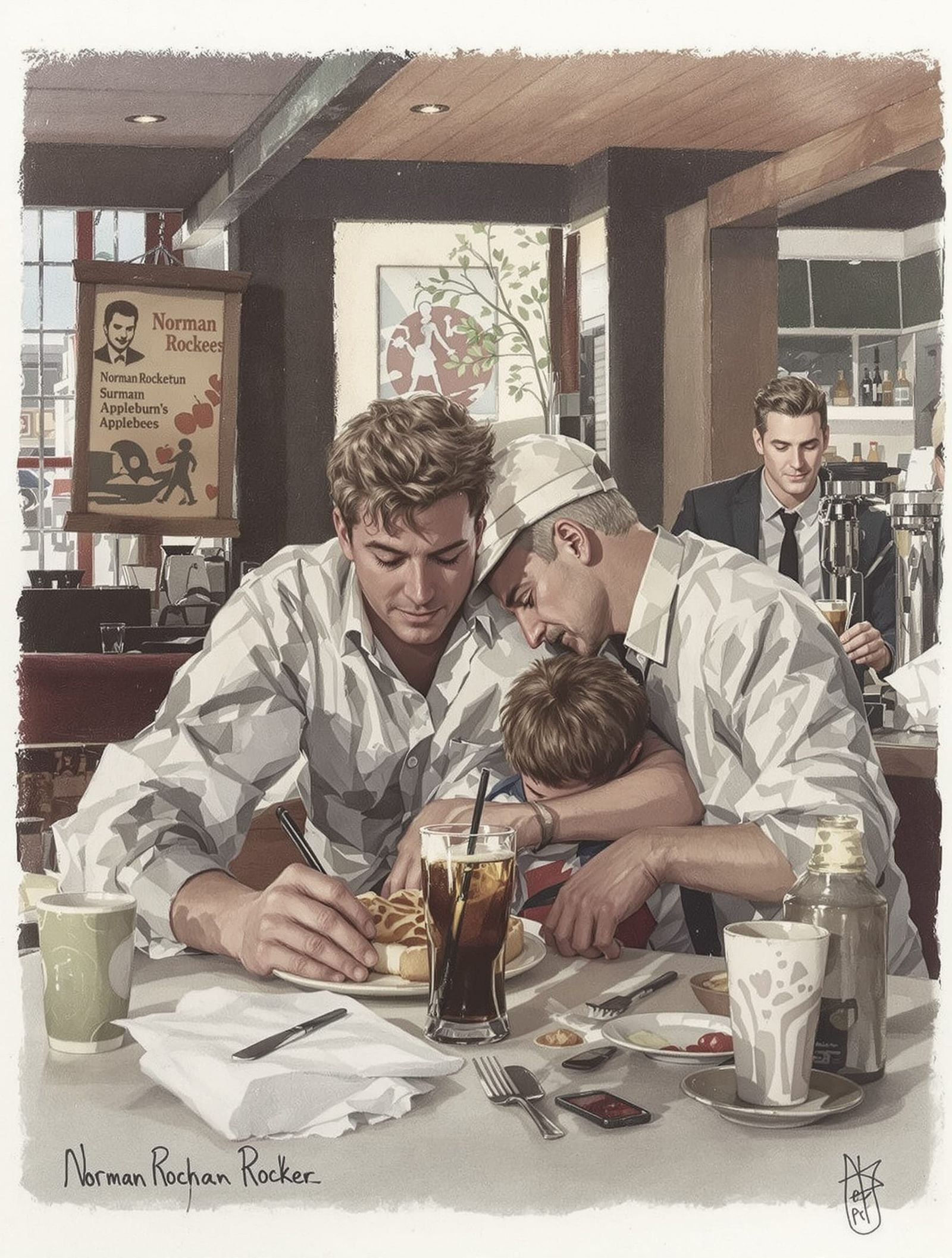 Norman Rockwell Style Suburban Applebee's Scene
