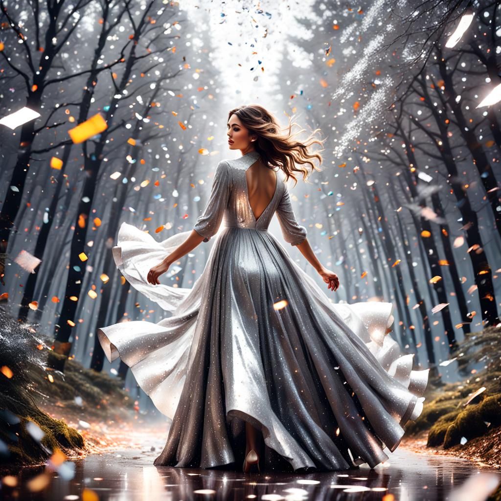 Woman Twirling in Silver Confetti Forest, Ukiyo-E Style