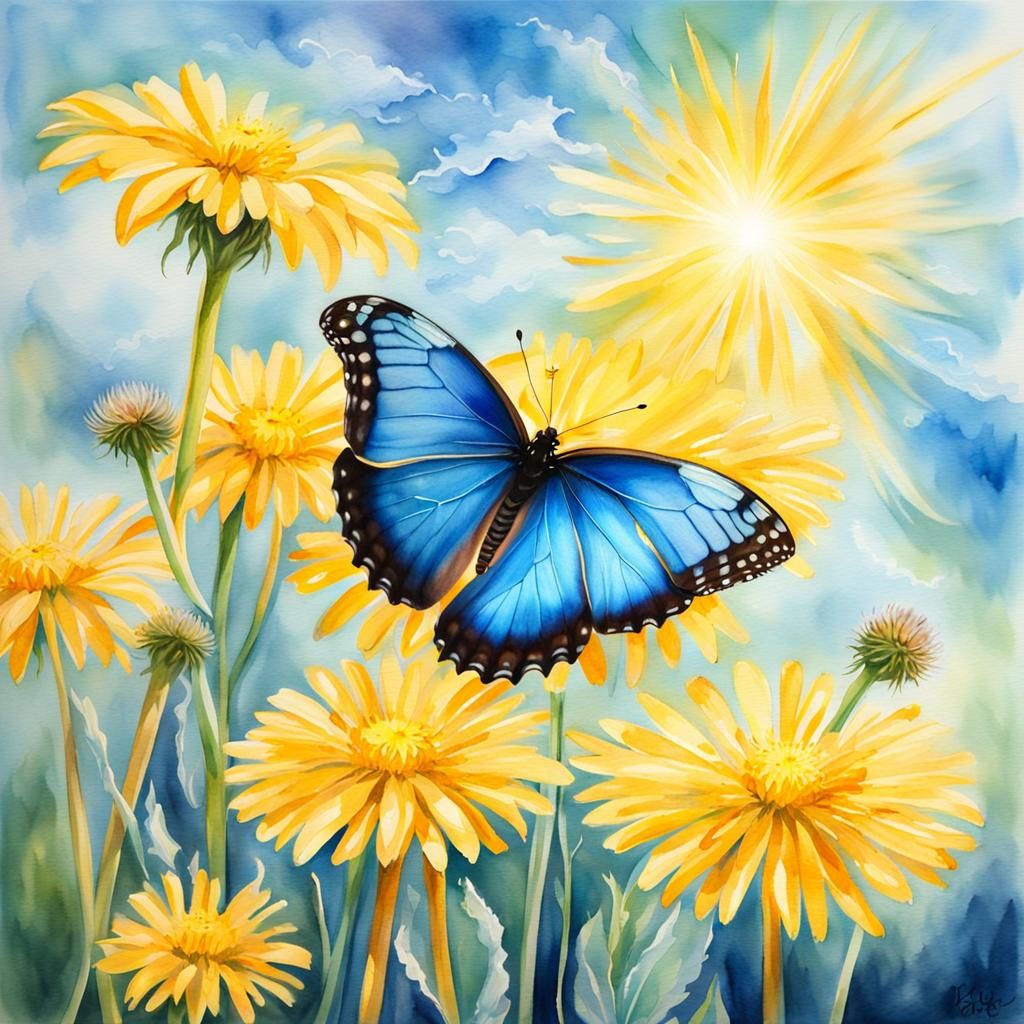 Crystal Blue Morpho Butterfly on Dandelion