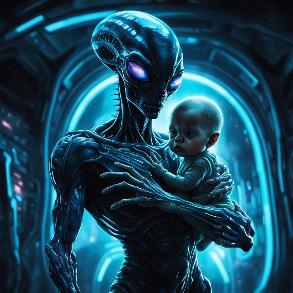 Alien Holding Human Baby in Spaceship